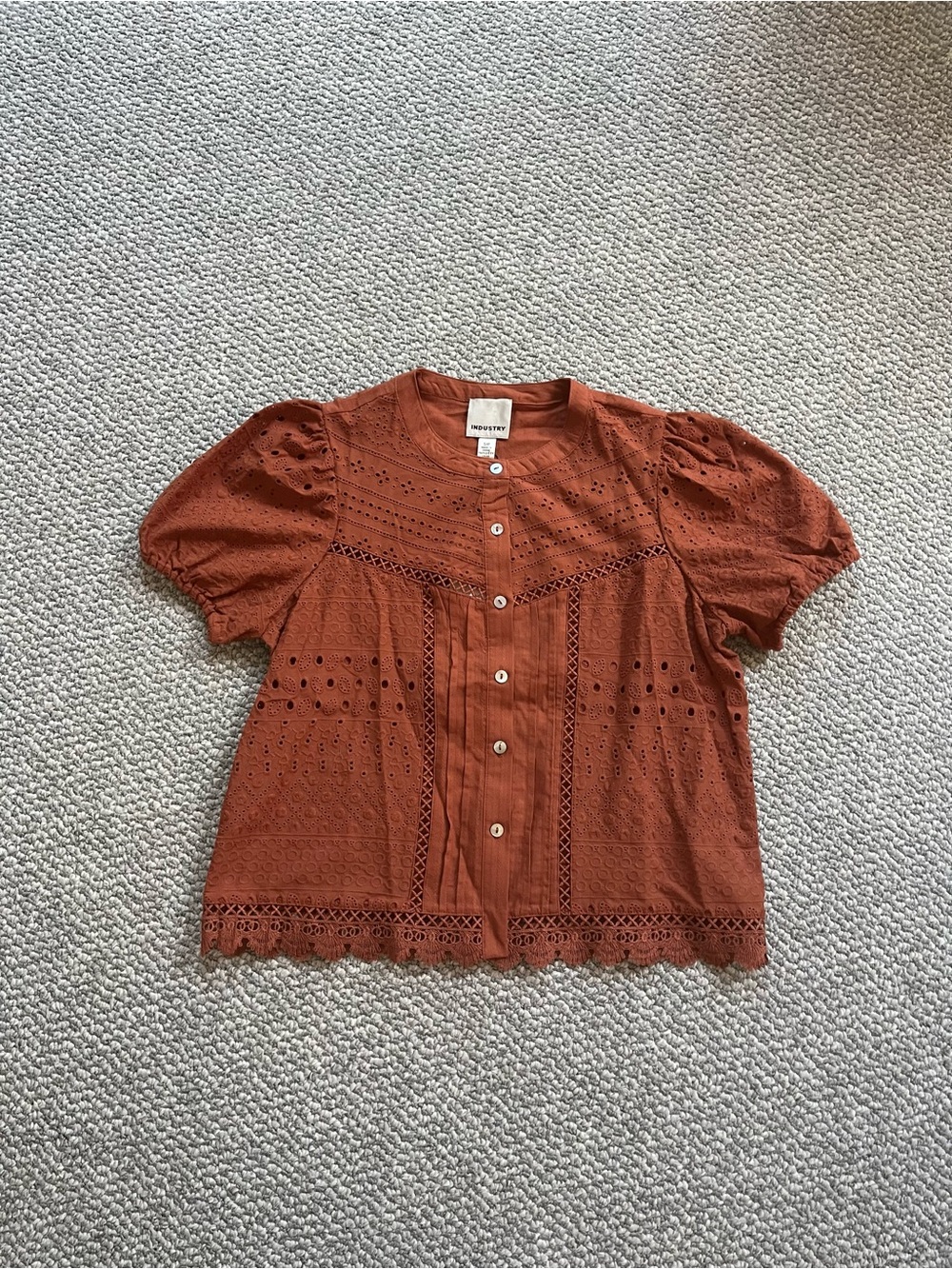 Industry Women’s Puff Short Sleeve Eyelet Lace Embroidered Cropped Cotton Top